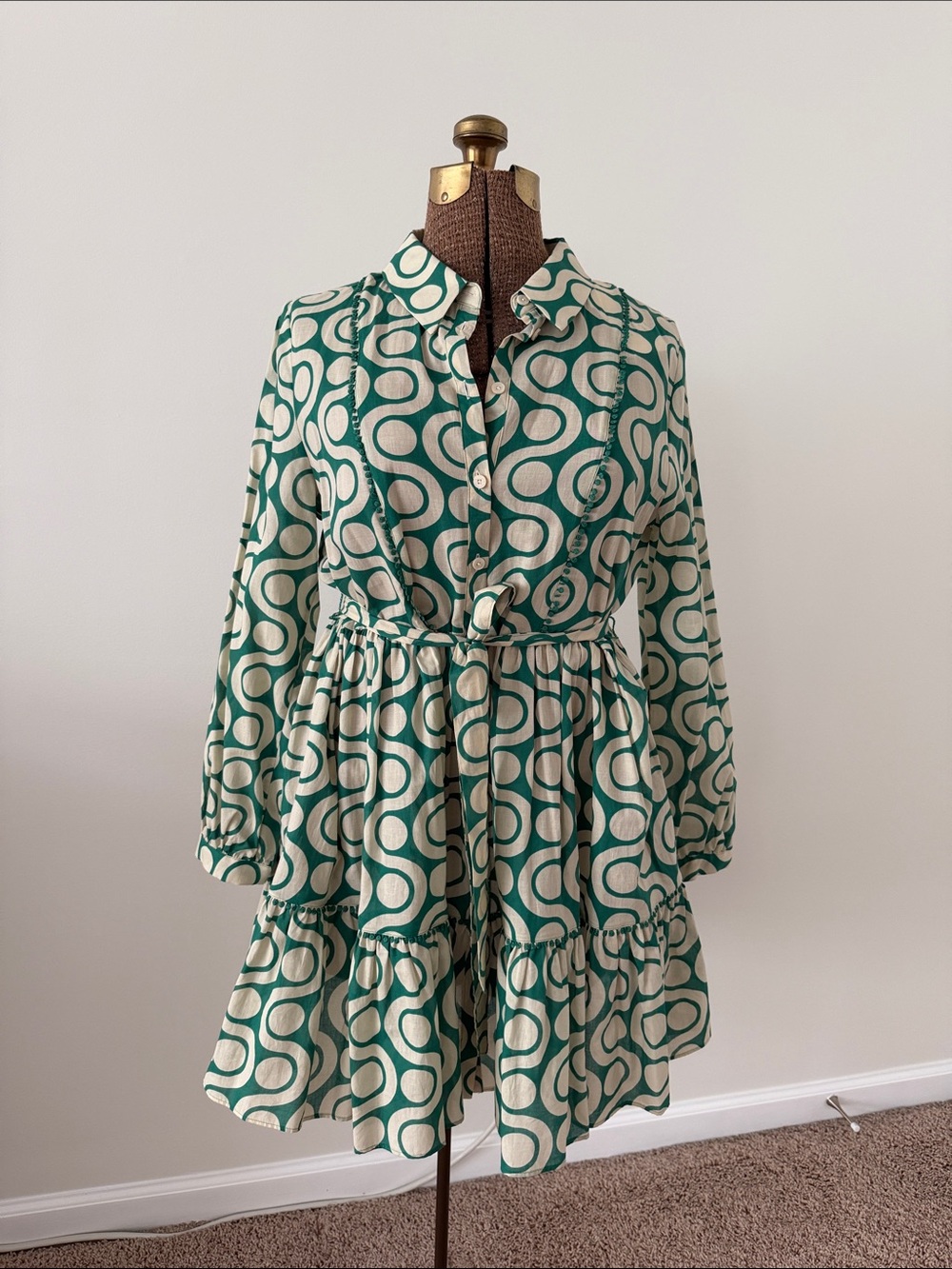 Zara Green & Cream Geometric Shirt Dress